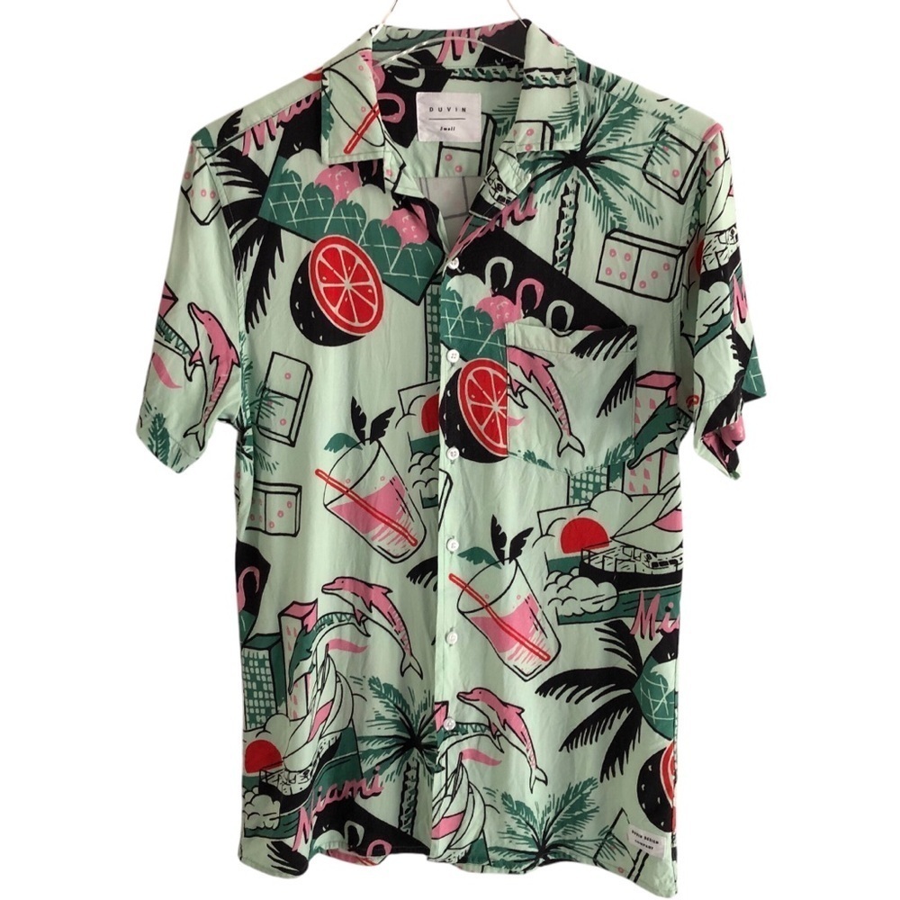 Duvin Design Shirt Short Sleeve Miami Flamingo Tropical Print Mint Green Small